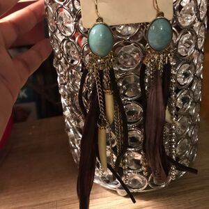 Forever21 Boho Brown Feather Native American Inspired Rhinestone Charm Earrings